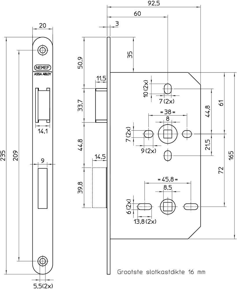 Badkamer/wc-slot 235x20mm RVS voorplaat 4T 744/17-60mm