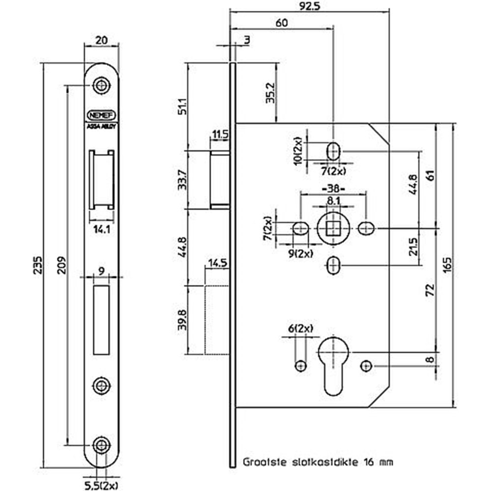 Cilinderslot 235x20mm RVS voorplaat 4T 749/17-60mm