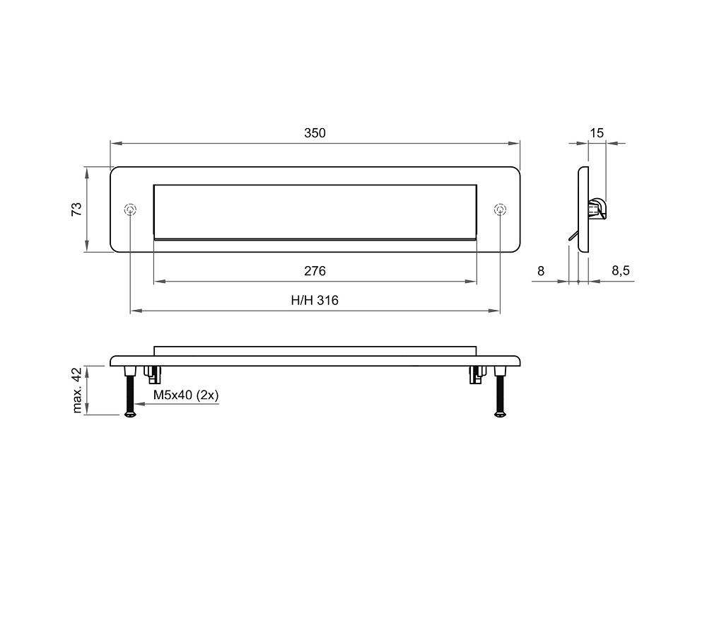 Briefplaat Quadra rechthoek 350x73mm RVS-316