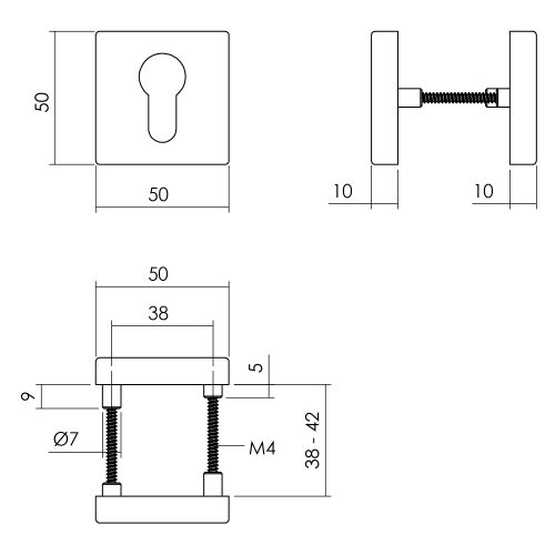 Cilinderrozet set vierkant 50x10mm verdekt aluminium mat zwart-Deurbeslag-en-meer.nl