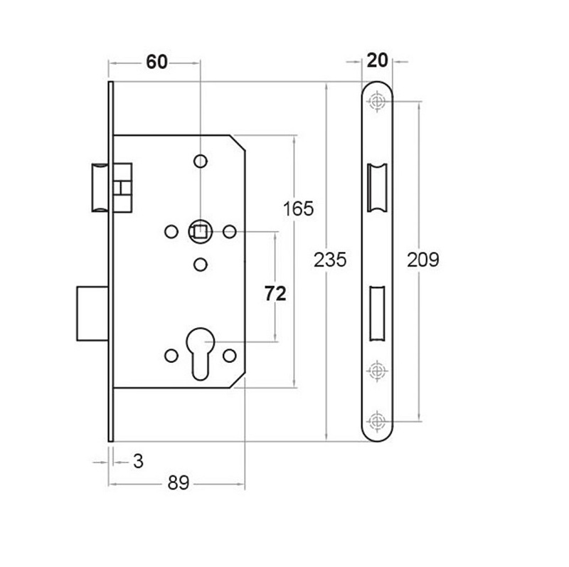 Magneetslot PC cilinder 235x20mm (600-serie) RVS