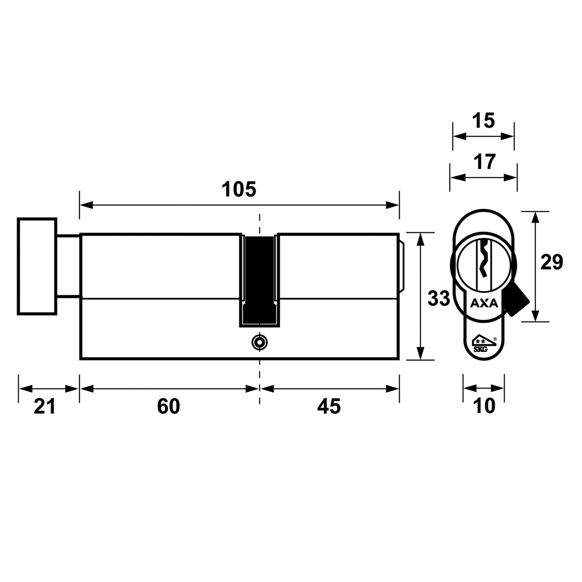 Tek. Knopcilinder AXA Security SKG2 K60-45 - 72153608 - Deurbeslag-en-meer.nl