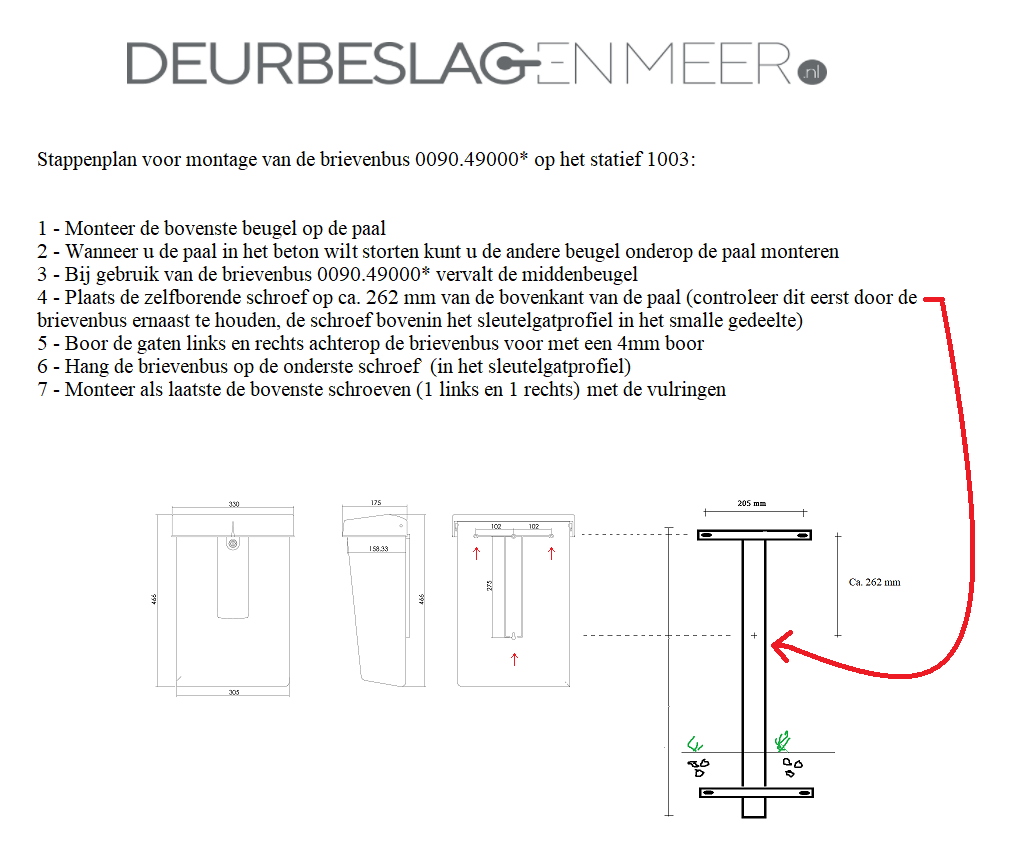 Montagehandleiding brievenbus 0090.49000. op statief 1003 - Deurbeslag-en-meer.nl