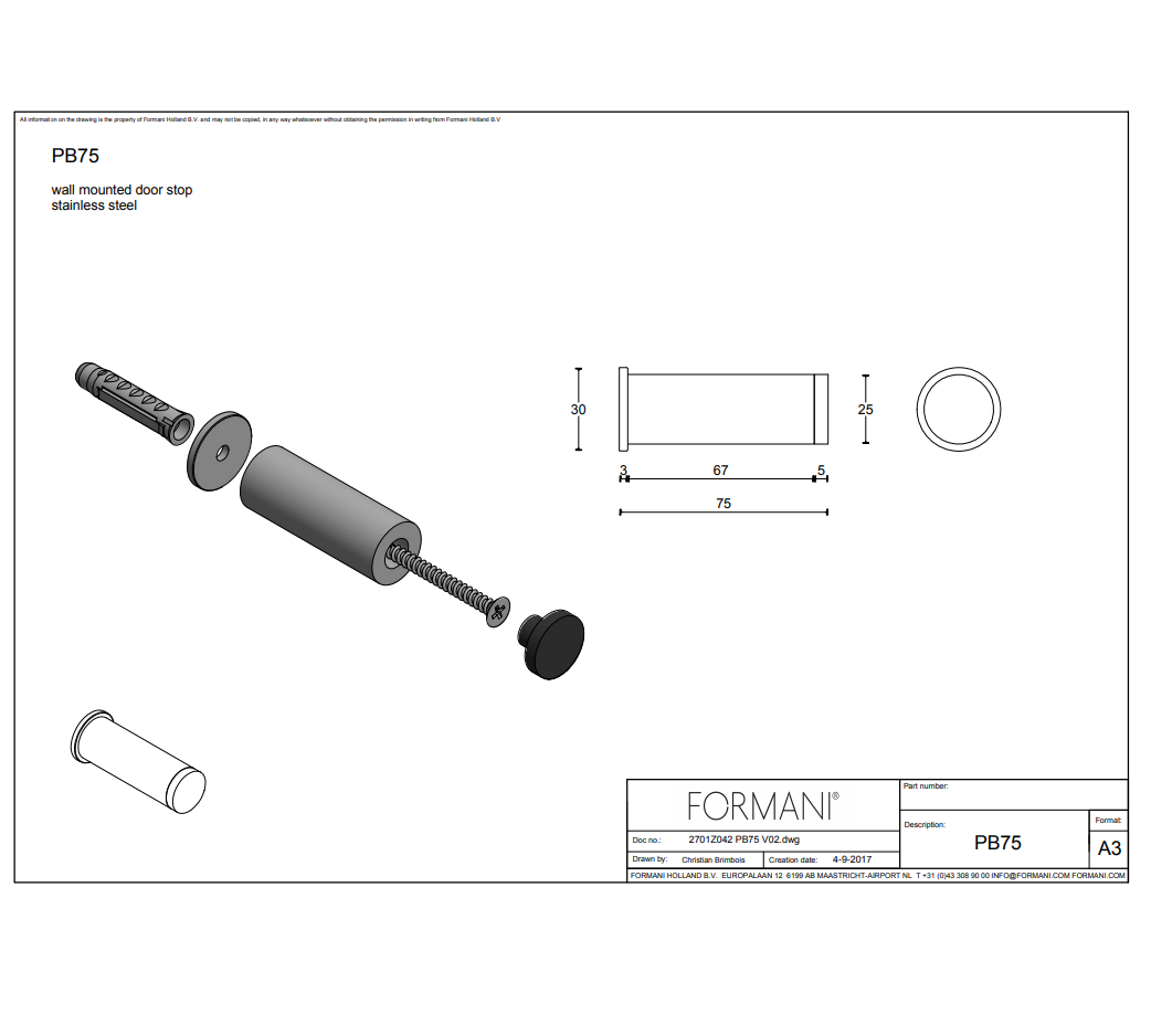 Tek. Deurbuffer wand PB75 RVS 25x75mm Formani - Deurbeslag-en-meer.nl