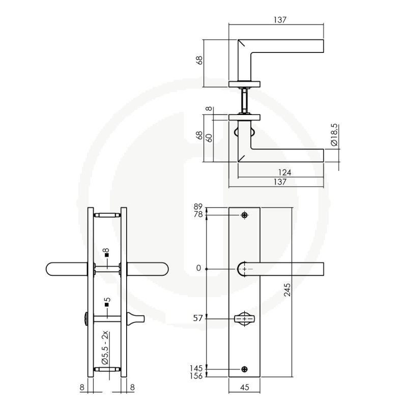 Tek. Deurkruk Bastian op schild 245x45 mm WC57-5 mm mat zwart - Deurbeslag-en-meer.nl