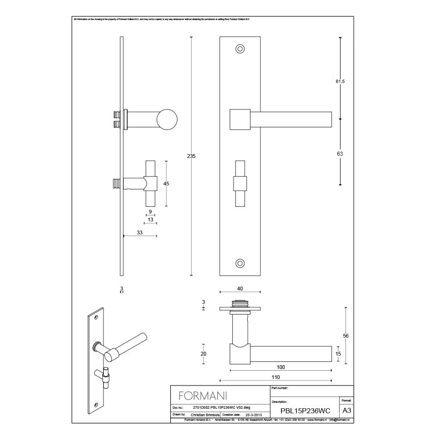 Tek. Deurkruk PBL15P236WC63 zwart op schild WC63 - Formani 2701D002NMXX0W63U - Deurbeslag-en-meer