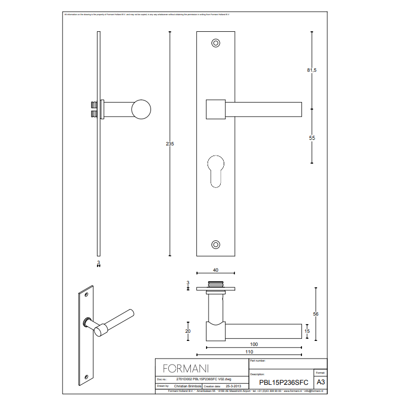 Tek. Deurkruk PBL15P236Y55 zwart op schild PC55 - Formani 2701D002NMXX0Y55 - Deurbeslag-en-meer