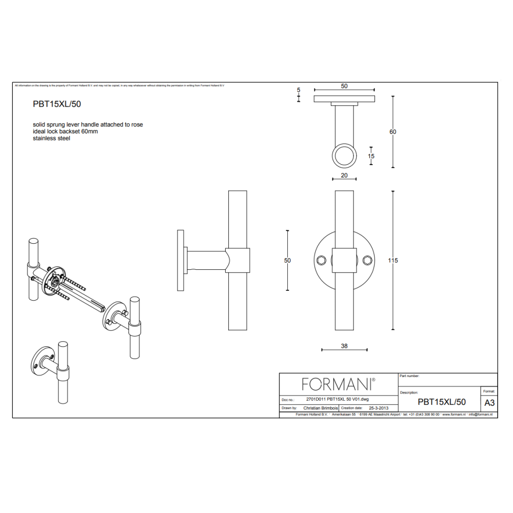 Tek. Deurkruk PBT15XL-50 mat zwart op rozet dubbel geveerd - Formani 2701D011NMXX0 - Deurbeslag-en-meer