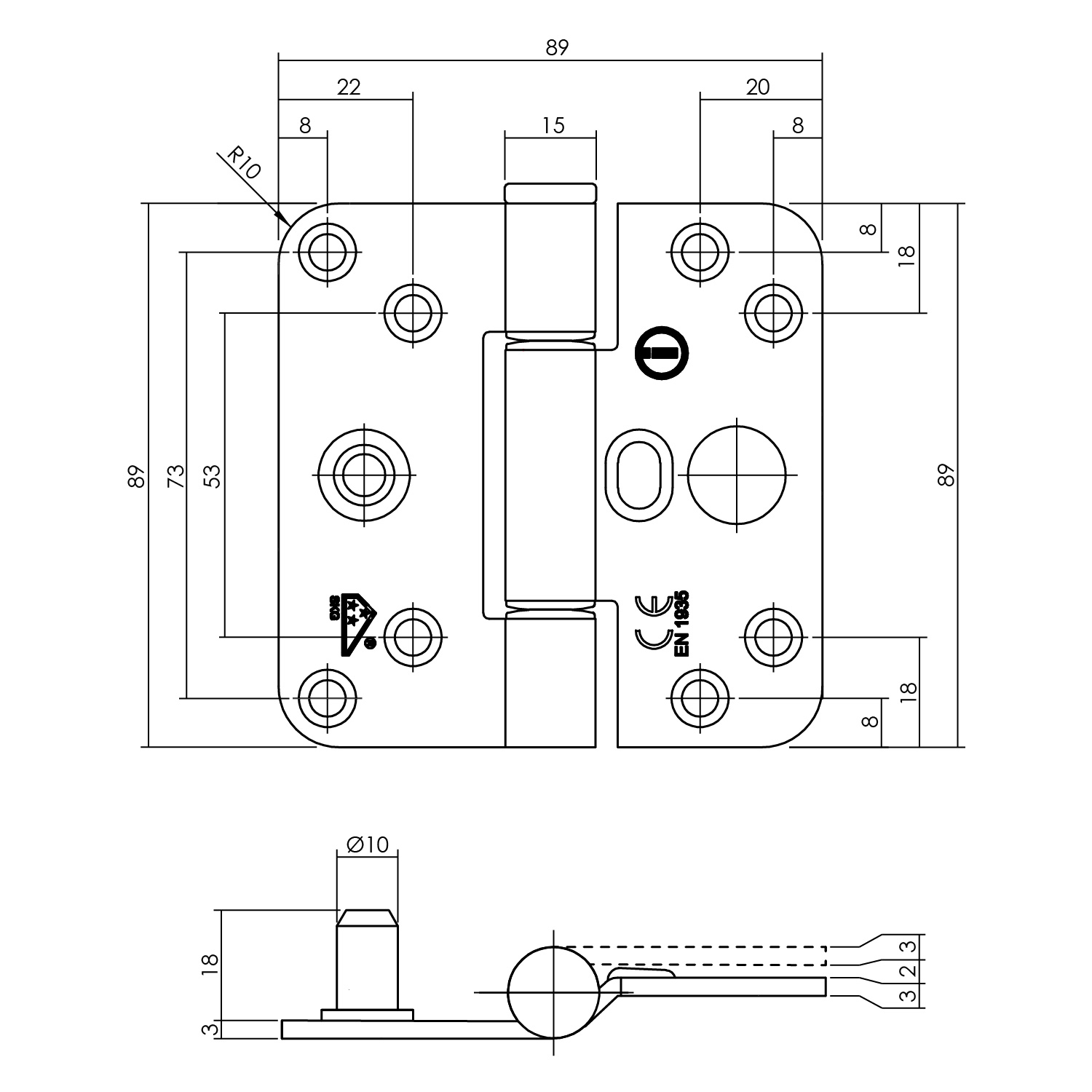 Tek. Glijlagerscharnier zwart 89x89x3mm SKG3 DIN-links Intersteel 0023.462565b - Deurbeslag-en-meer.nl