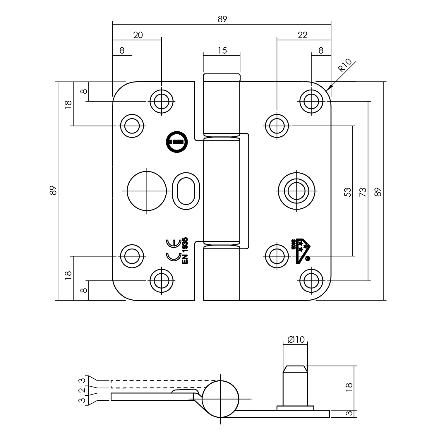 Tek. Glijlagerscharnier zwart 89x89x3mm SKG3 DIN-rechts Intersteel 0023.462565a - Deurbeslag-en-meer.nl