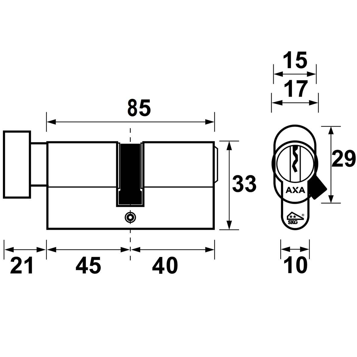 Tek. Knopcilinder AXA Security SKG2 K45-40 72152308 - Deurbeslag-en-meer