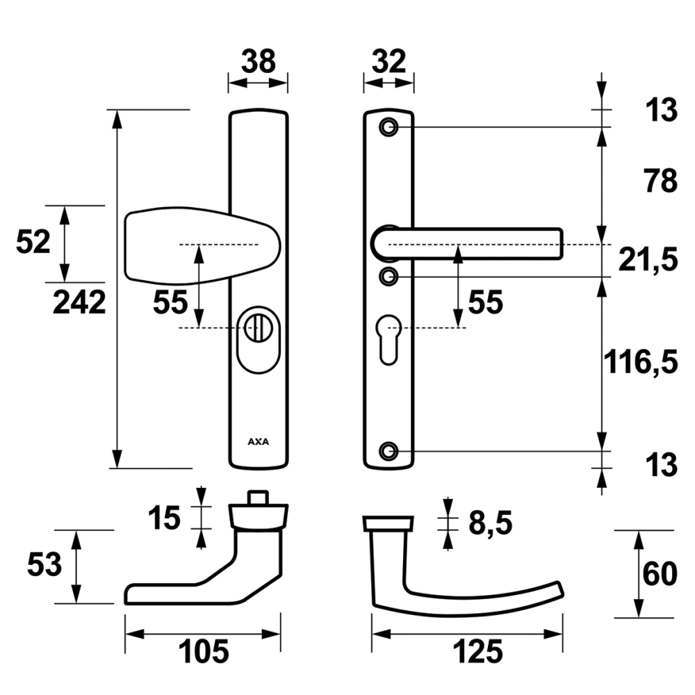 Tek. Knopgarnituur SMAL Curve Plus PC55 SKG3 F1 - AXA 6765491155K - Deurbeslag-en-meer