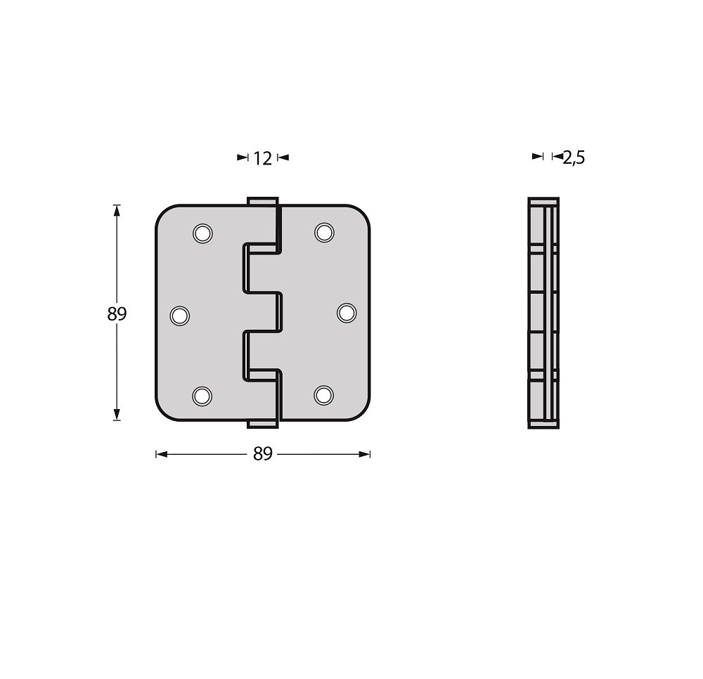 Tek. Kogelscharnier DEM 89x89mm afgerond mat messing ongelakt - Deurbeslag-en-meer