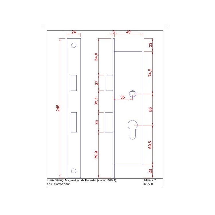 Tek. Magneet cilinderslot smal zwart DM35 022568 voor stompe deur - Deurbeslag-en-meer.nl