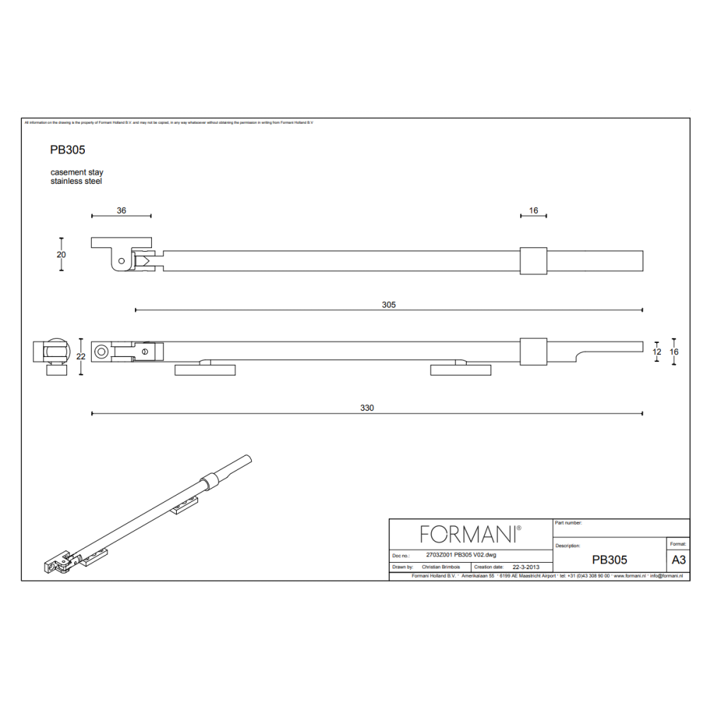 Tek. Raamuitzetter PB305 mat zwart met 2 stelpennen - Formani 2703Z001NMXX0 - Deurbeslag-en-meer