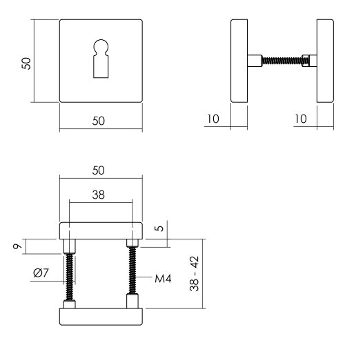 Sleutelrozet set vierkant 50x10mm verdekt aluminium mat zwart-Deurbeslag-en-meer.nl