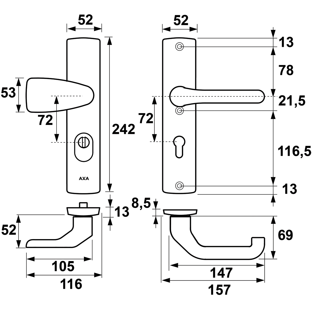 Tek. Voordeurgarnituur Wing + Flow pc72 F1 SKG3 AXA 6662531172 Deurbeslag-en-meer.nl