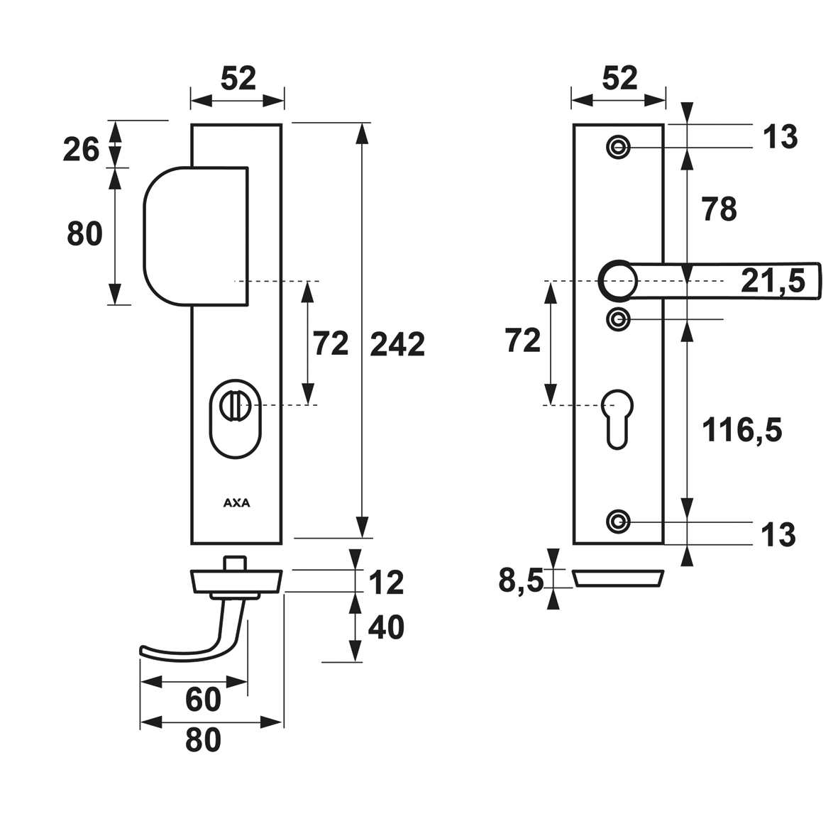 Duwgarnituur aluminium F1 PC72 met kerntrekbeveiliging