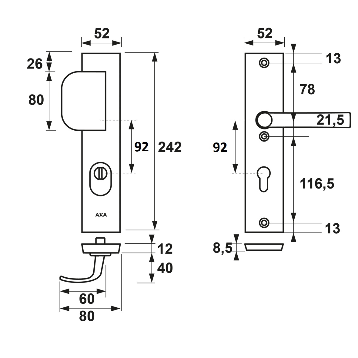 Duwgarnituur aluminium F1 PC92 met kerntrekbeveiliging