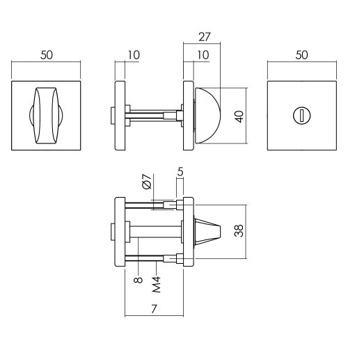 Rozet toilet-/badkamersluiting vierkant 50x10mm verdekt aluminium mat zwart 8mm-Deurbeslag-en-meer.nl