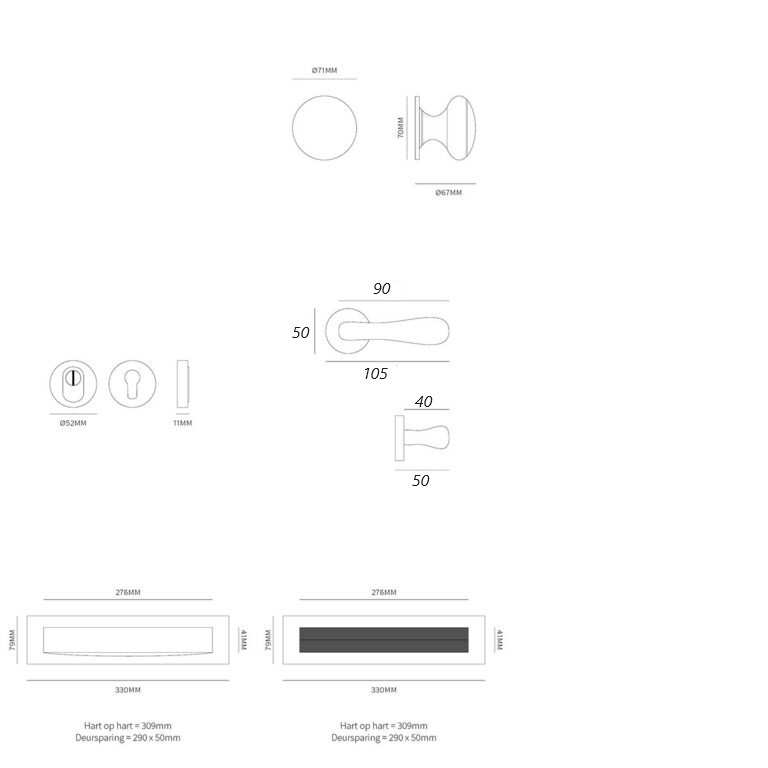 Tekening voordeurset compleet Pragma+Olympia PVD inox SKG3 links - V3123112 - Deurbeslag-en-meer.nl