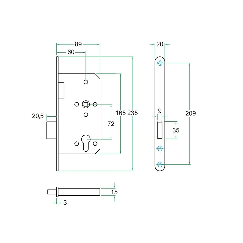 Kastslot 600-serie 235x20mm PC72 Zwart