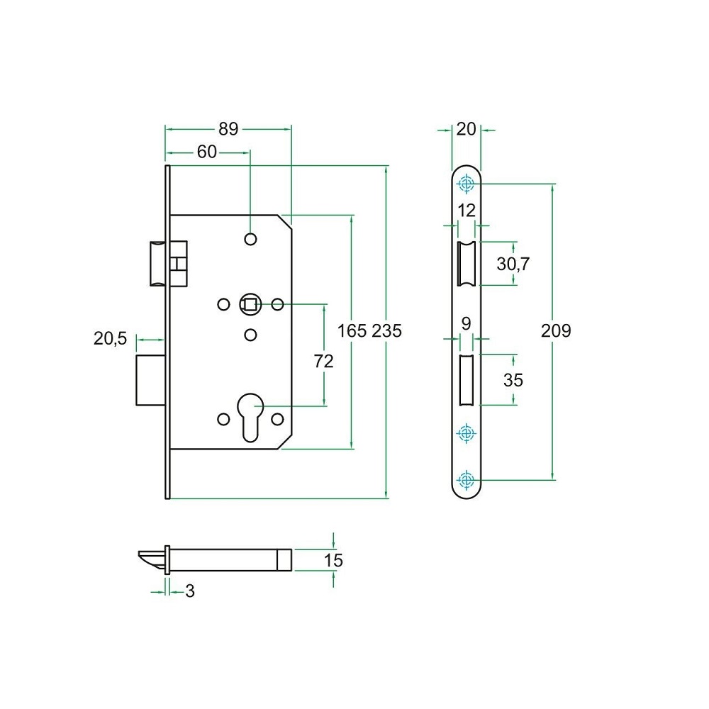 Cilinderslot 600-serie 235x20mm PC72/8 Zwart