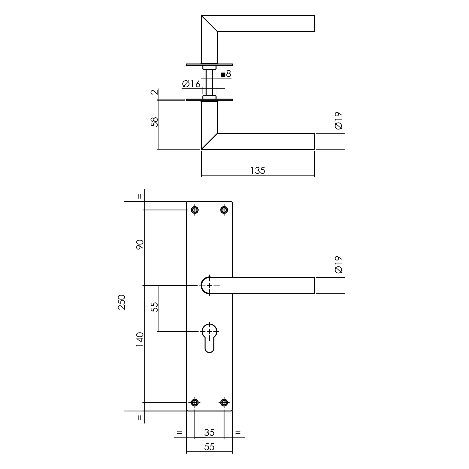 tek. Deurkruk Jura met schild profielcilindergat 55mm RVS geborsteld -Intersteel 0035.058329 -Deurbeslag-en-meer.nl