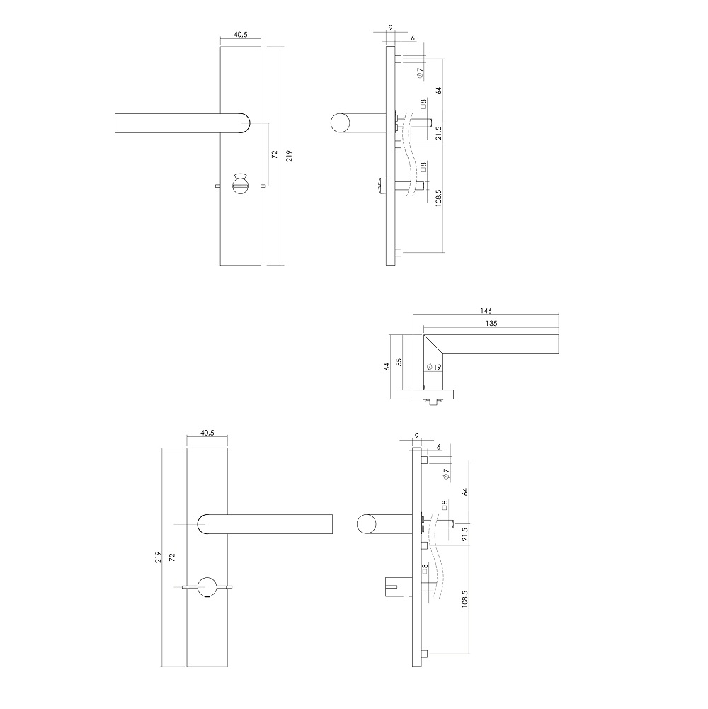 Intersteel Deurkruk Hoek 90° op rechthoekig schild toilet-/badkamersluiting Rechts rvs geborsteld