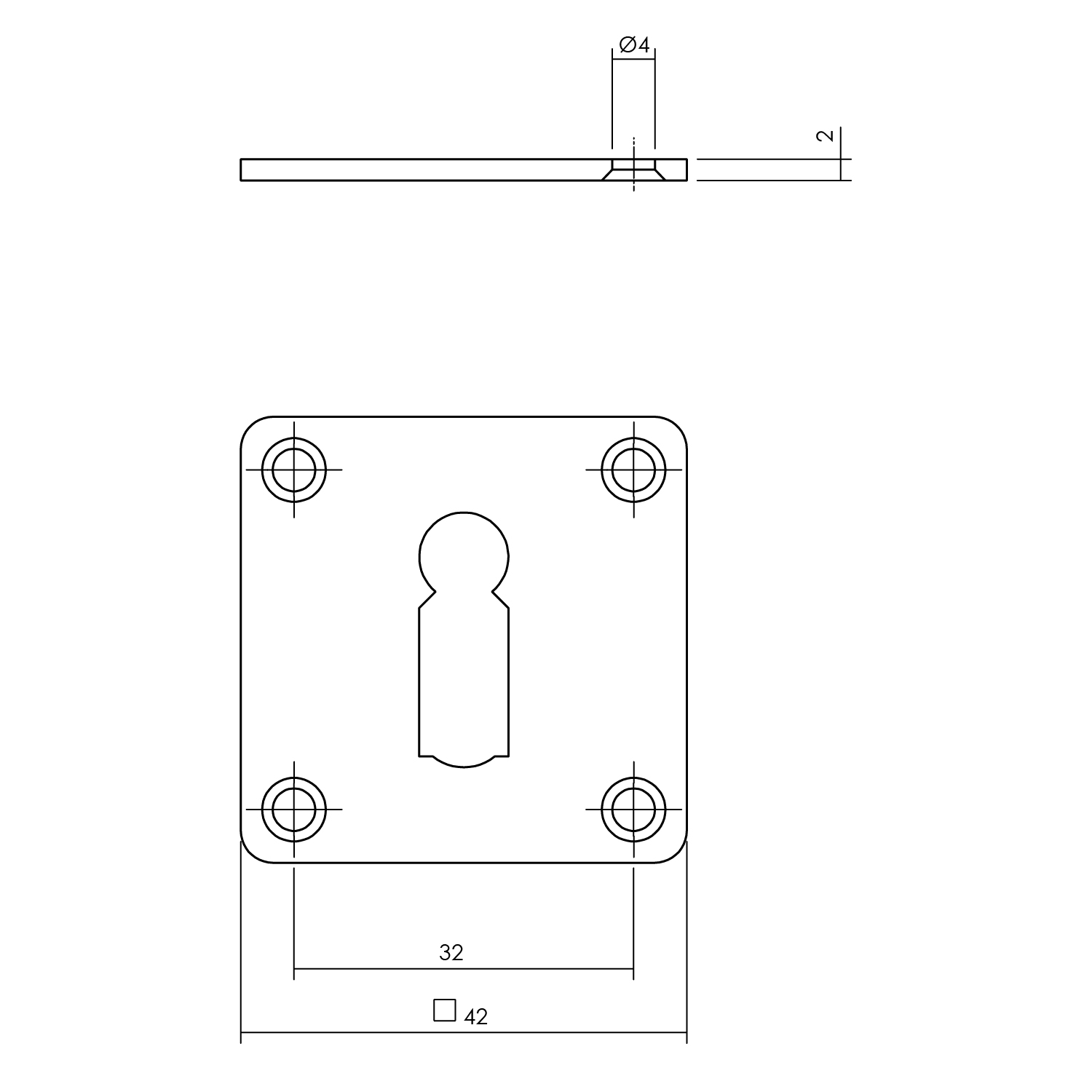 Tekening sleutelrozet vierkant 42x42x2mm schroefgat rvs geborsteld-Deurbeslag-en-meer.nl