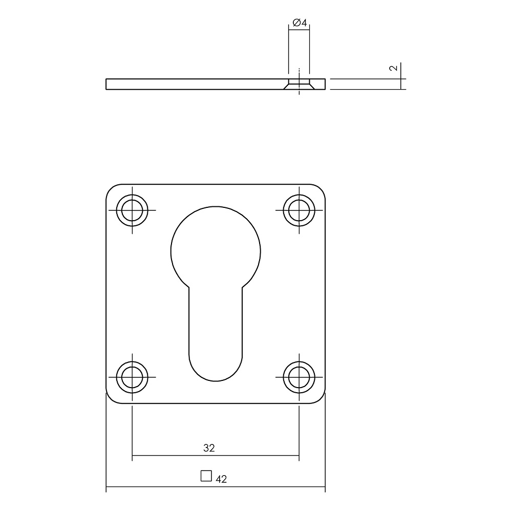 Tekening cilinderrozet vierkant 42x42x2mm schroefgat rvs geborsteld-Deurbeslag-en-meer.nl