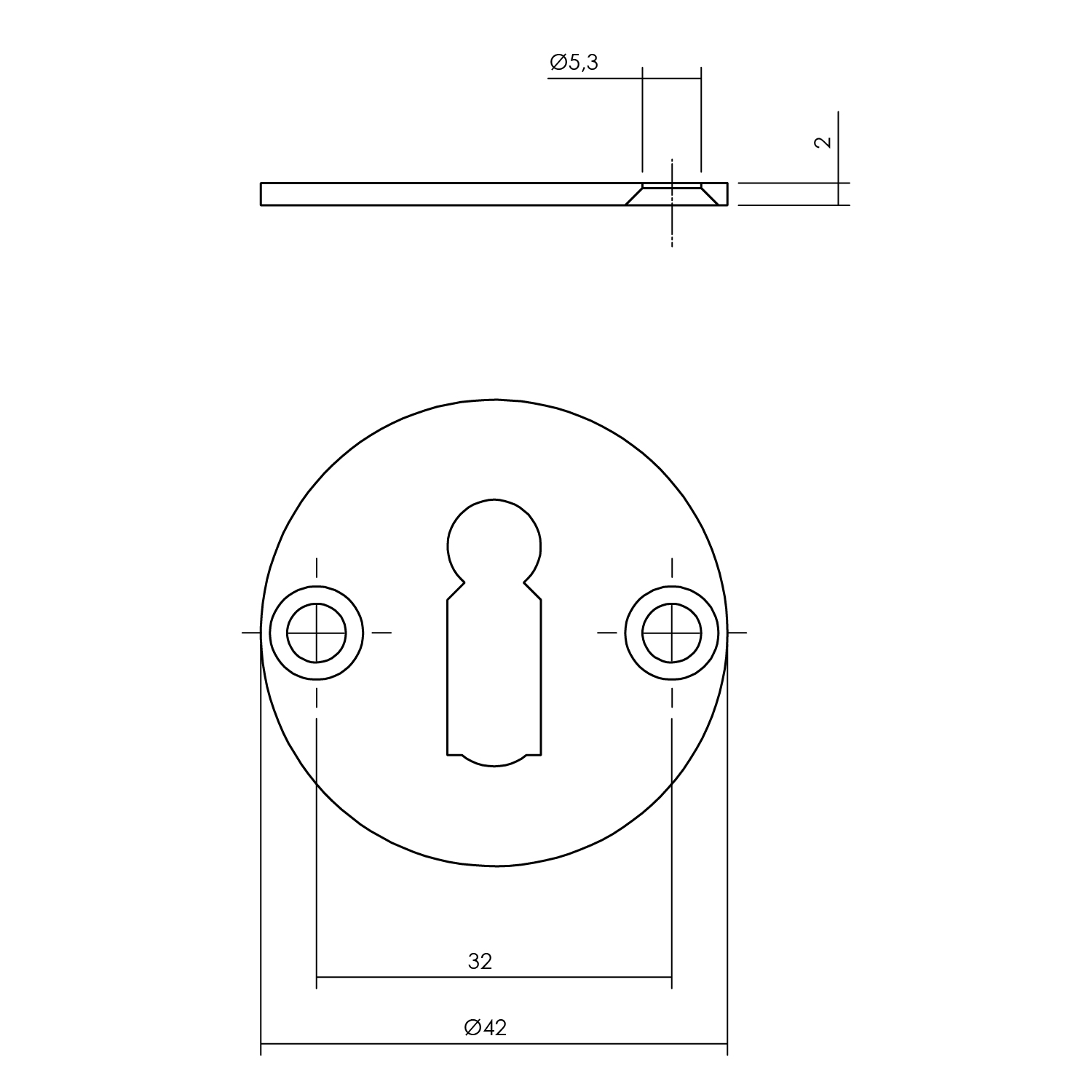 Tekening sleutelrozet rond 42x2mm schroefgat RVS geborsteld - Deurbeslag-en-meer.nl