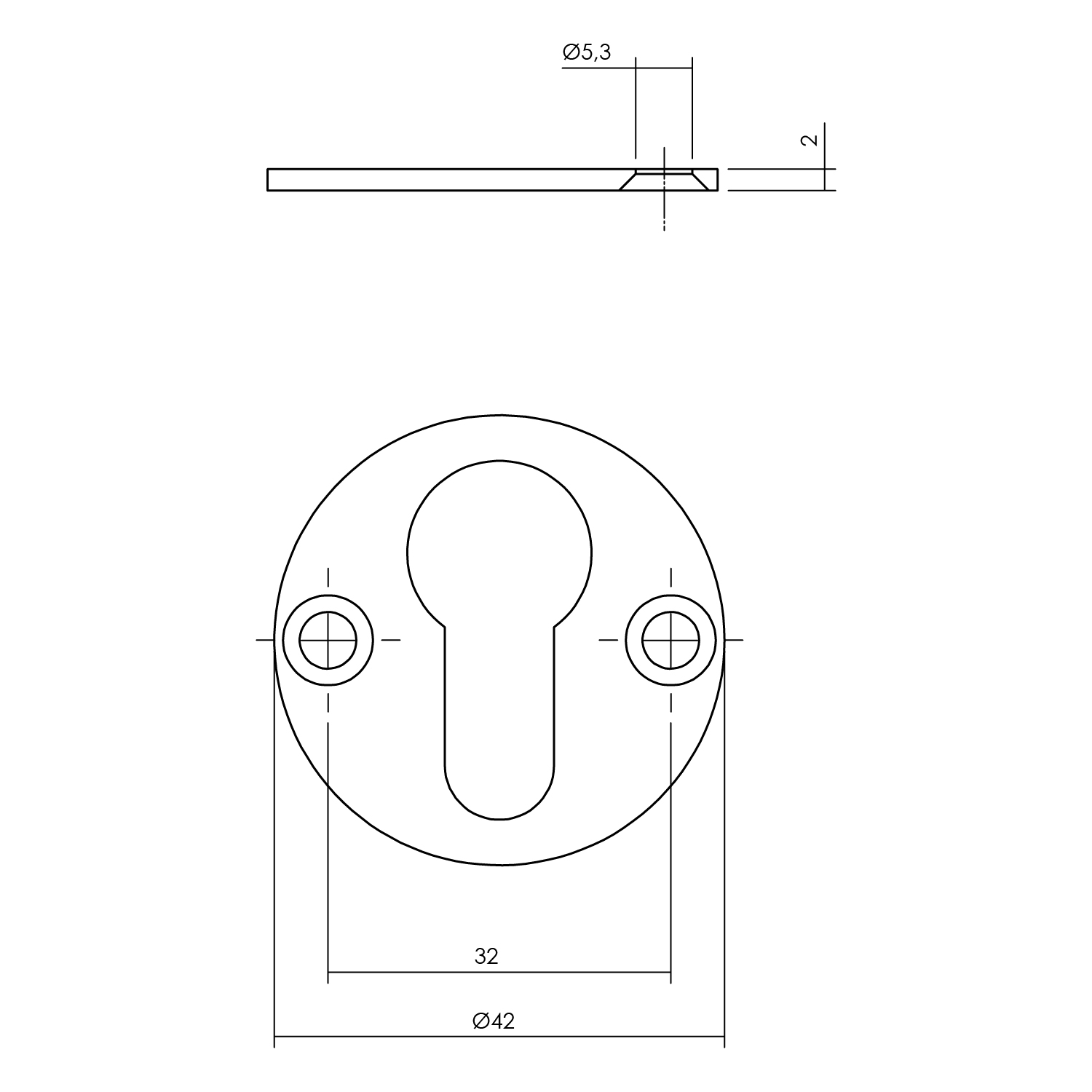 Tekening cilinderrozet rond 42x2mm schroefgat RVS geborsteld - Deurbeslag-en-meer.nl