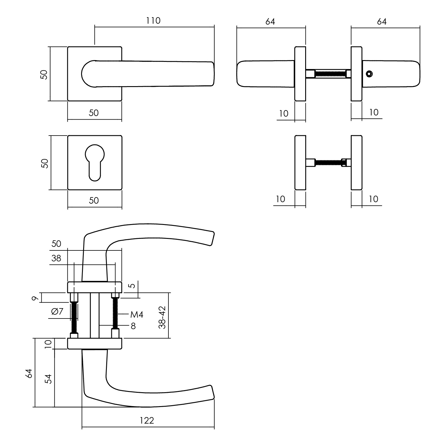 tek. Deurkruk Denham met vierkant cilinderrozet zwart -Intersteel 0023.005905 -Deurbeslag-en-meer.nl