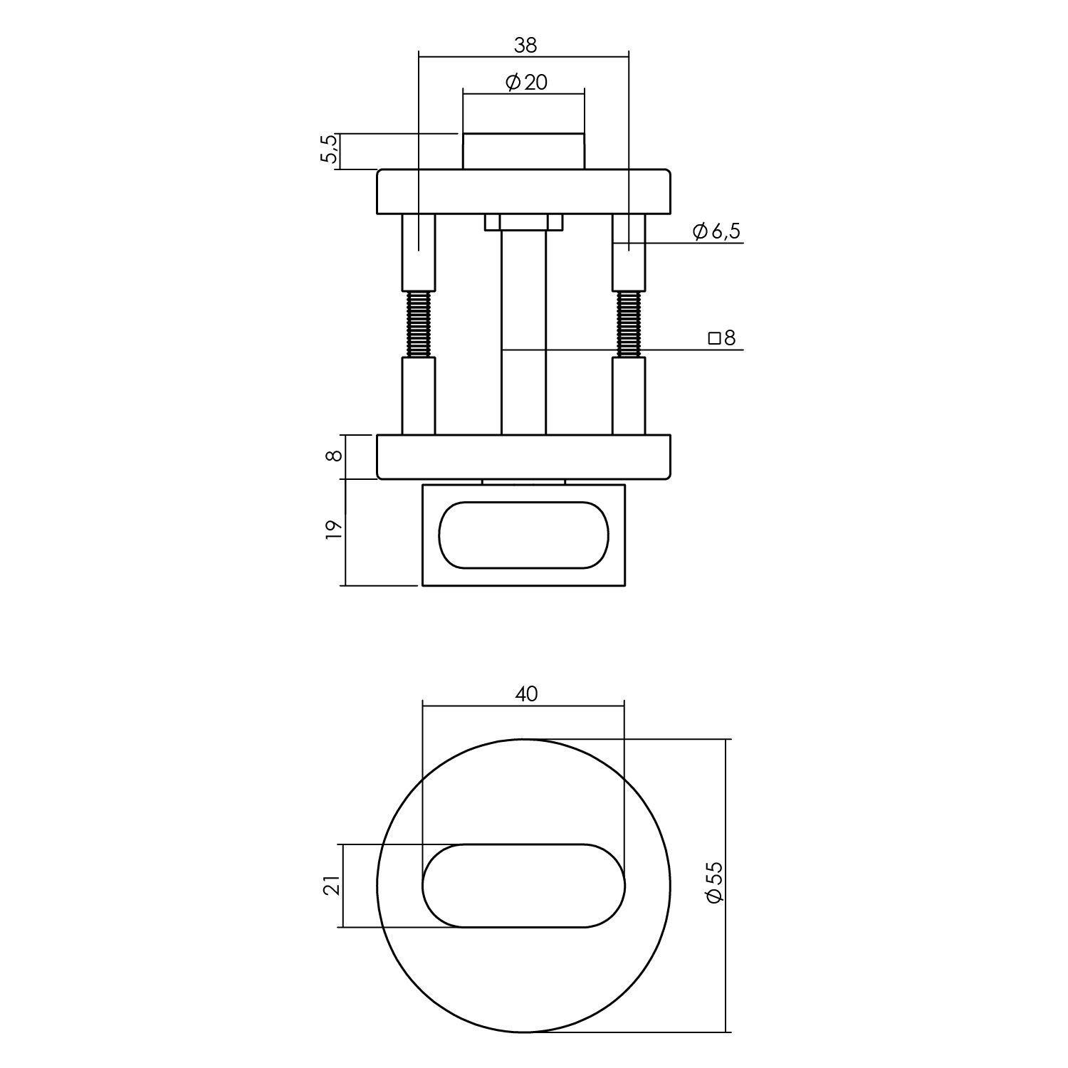 Rozet toilet-/badkamersluiting rond 55x8mm verdekt aluminium mat zwart 8mm-Deurbeslag-en-meer.nl