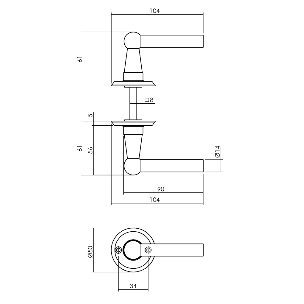 Tekening deurkruk L/L Bol op rond rozet ø50x5mm mat zwart - 0023.044602 - Deurbeslag-en-meer.nl