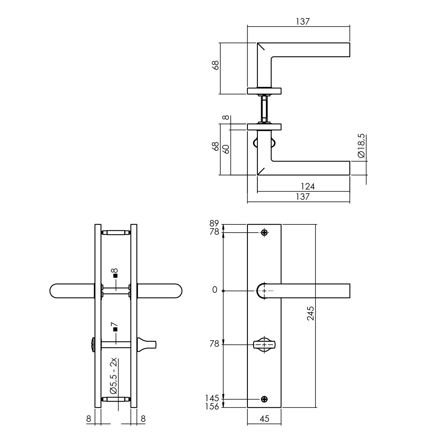 Deurkruk Bastian mat zwart op schild 245x45mm WC78/8