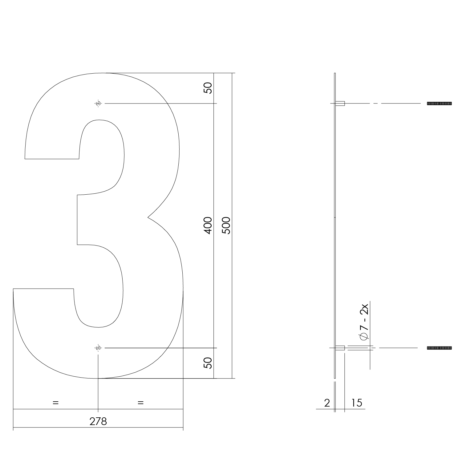 tek. Huisnummer 3 XXL hoogte 50 cm rvs geborsteld -Intersteel 0035.402123 -Deurbeslag-en-meer.nl