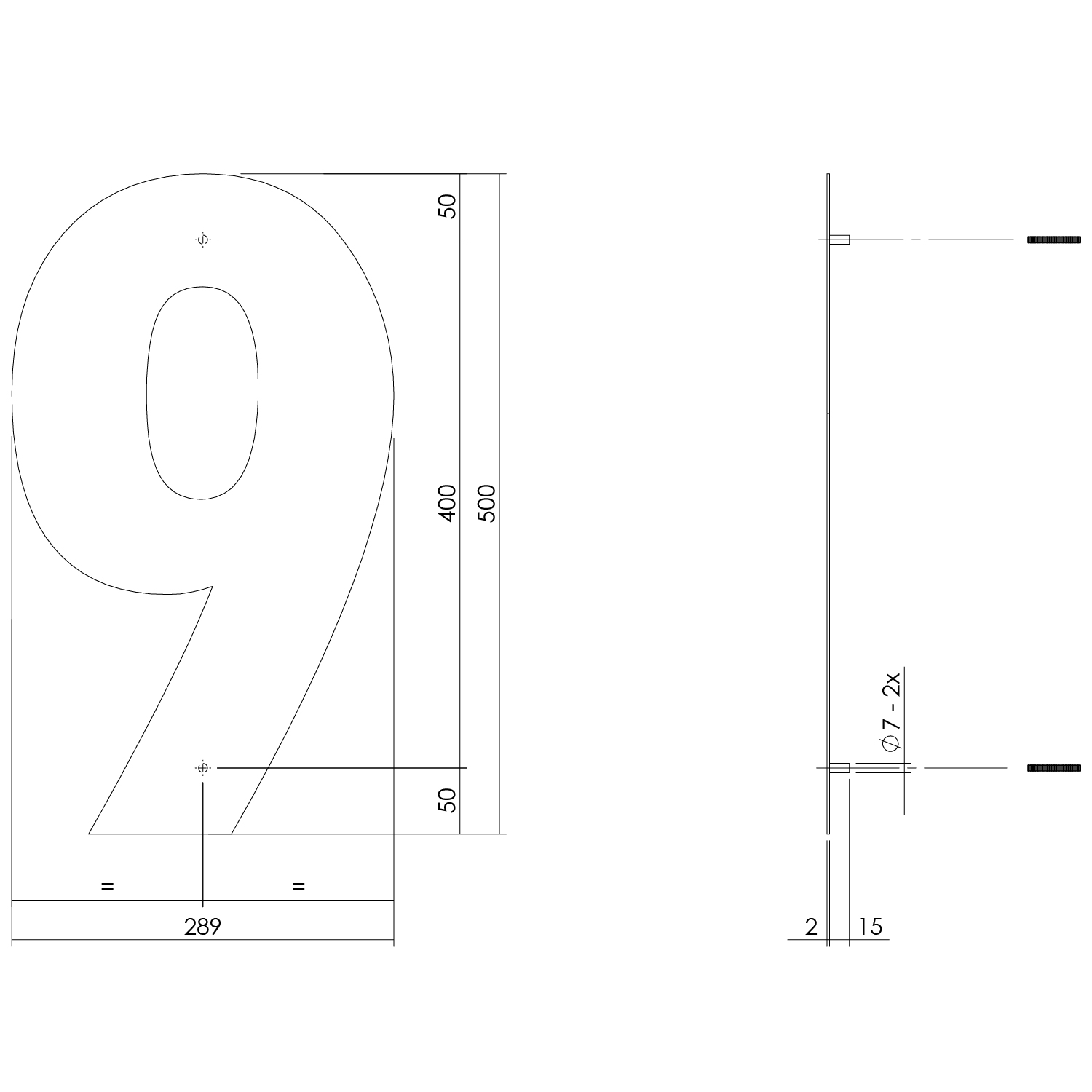 tek. Huisnummer 9 XXL hoogte 50 cm RVS geborsteld -Intersteel 0035.402129 -Deurbeslag-en-meer.nl