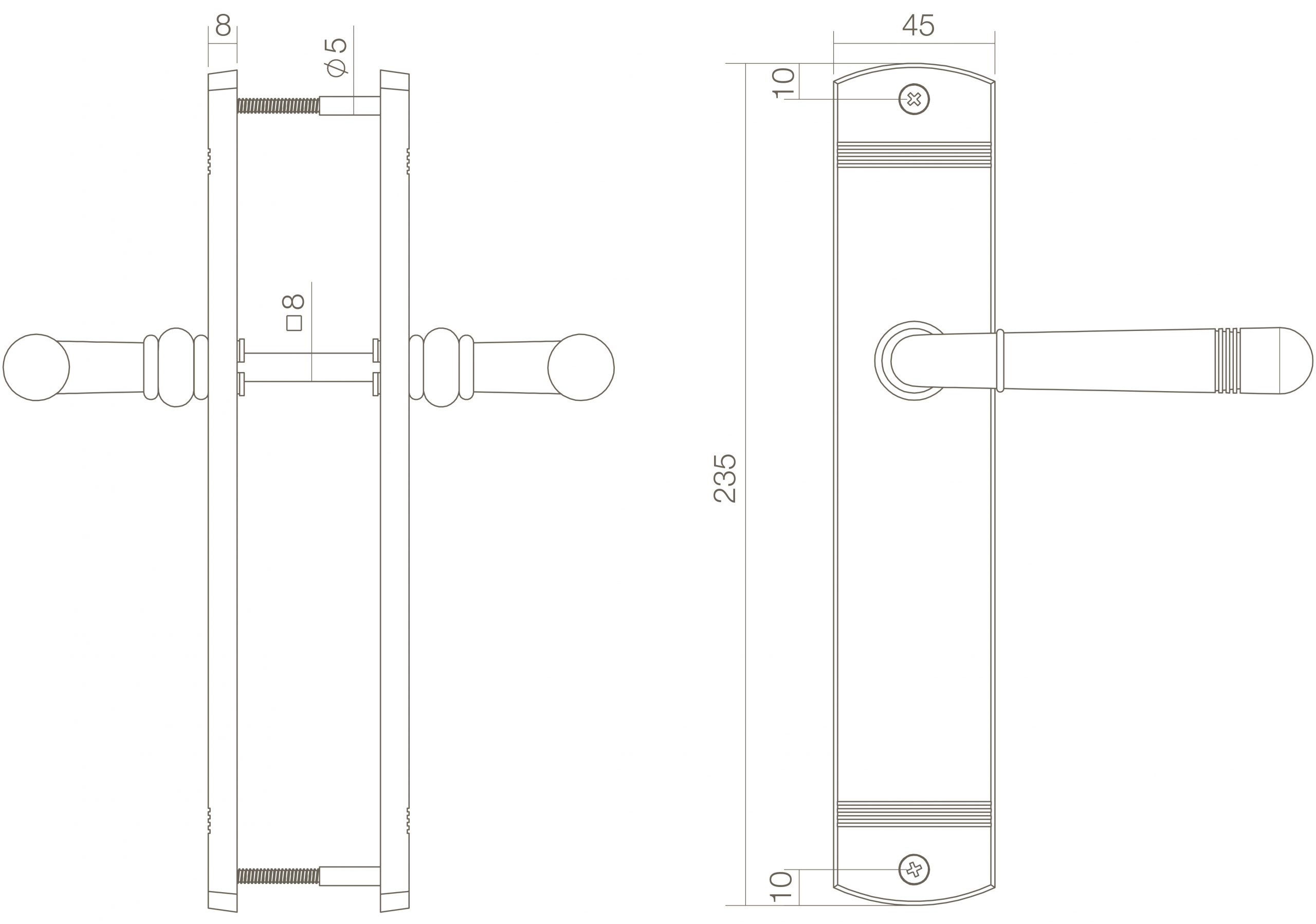 Tek. deurkruk Helena op schild 235x45mm blind messing gelakt - 0013.170511 - Deurbeslag-en-meer.nl