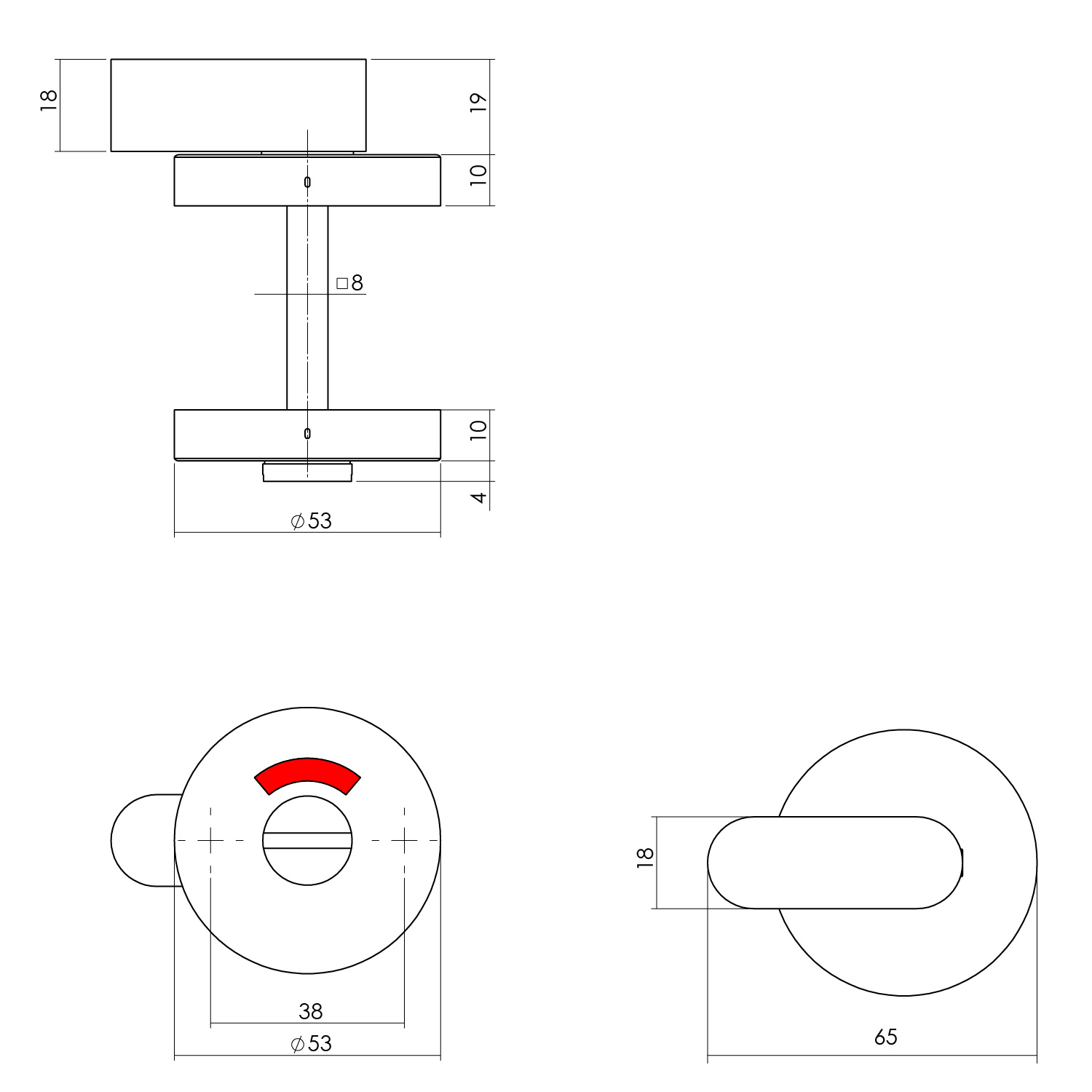 Rozet toilet-/badkamersluiting rond 53x10mm verdekt rvs mat zwart 8mm-Deurbeslag-en-meer.nl