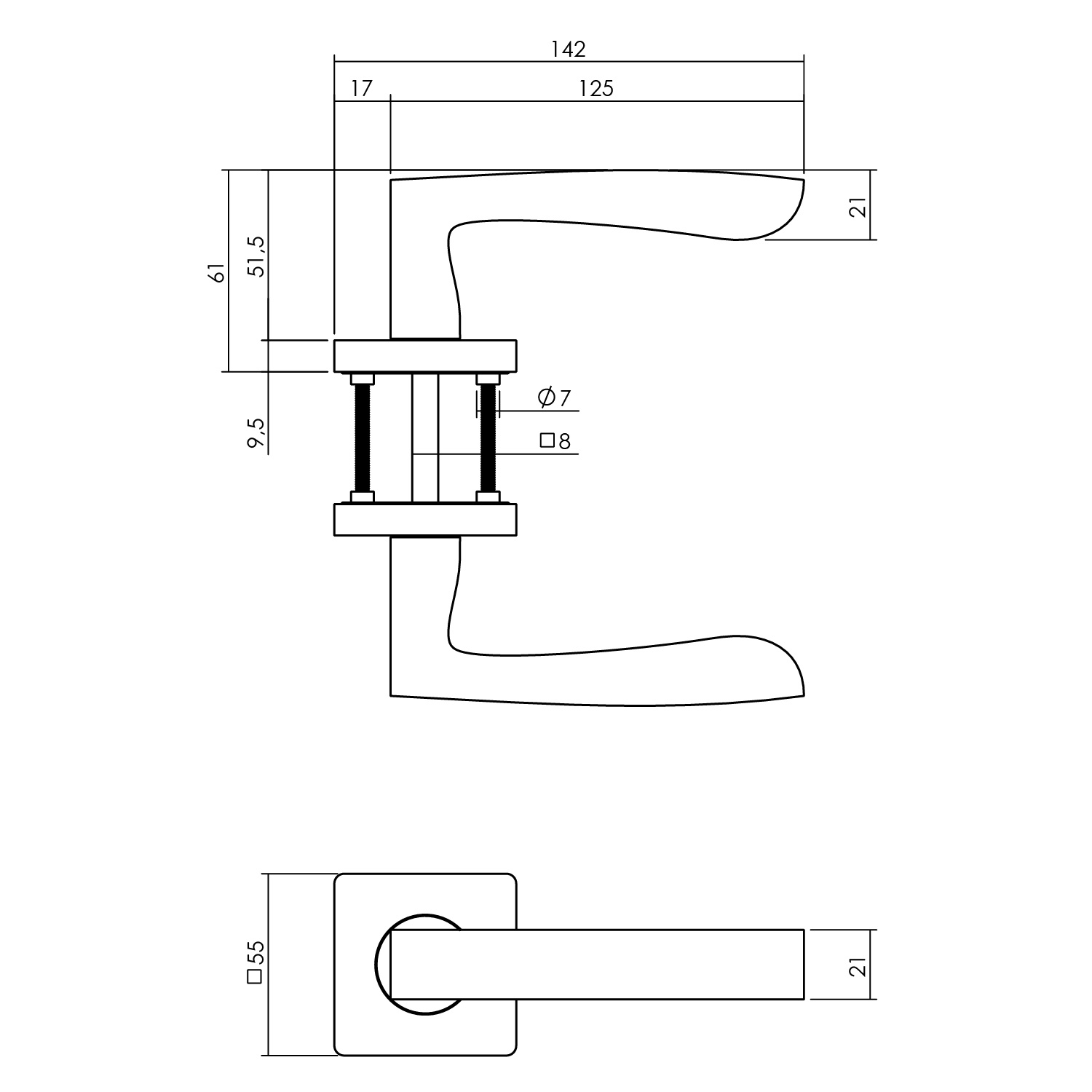 tek. Deurkruk Minos op vierkante rozet antracietgrijs -Intersteel 0029.171202 -Deurbeslag-en-meer.nl