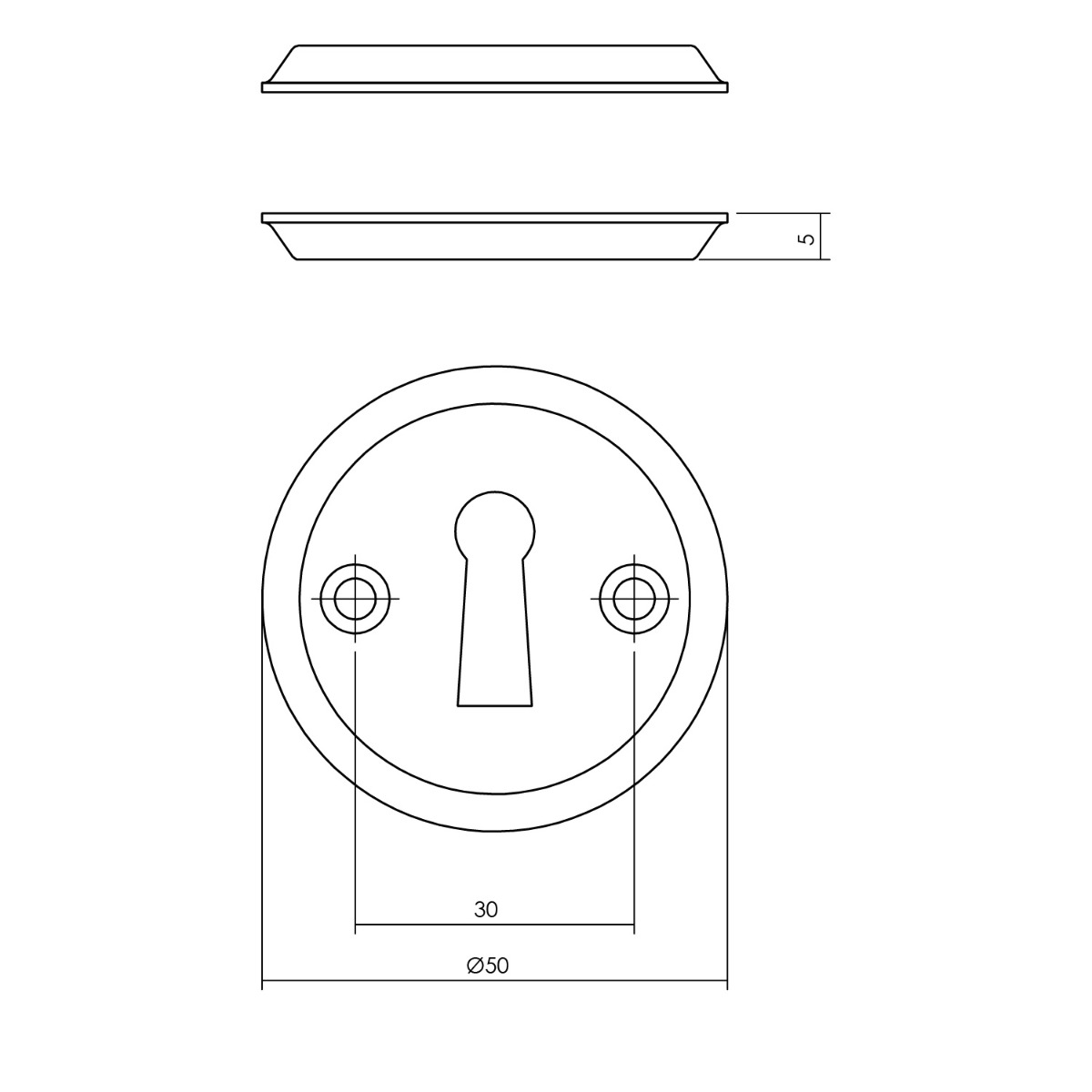 Tekening sleutelrozet rond 50x5mm schroefgat mat zwart - 0023.317386 - Deurbeslag-en-meer.nl