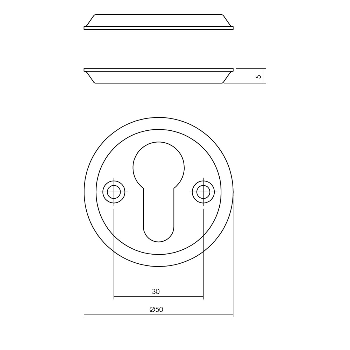 Tekening cilinderrozet rond 50x5mm schroefgat mat zwart - 0023.317387 - Deurbeslag-en-meer.nl