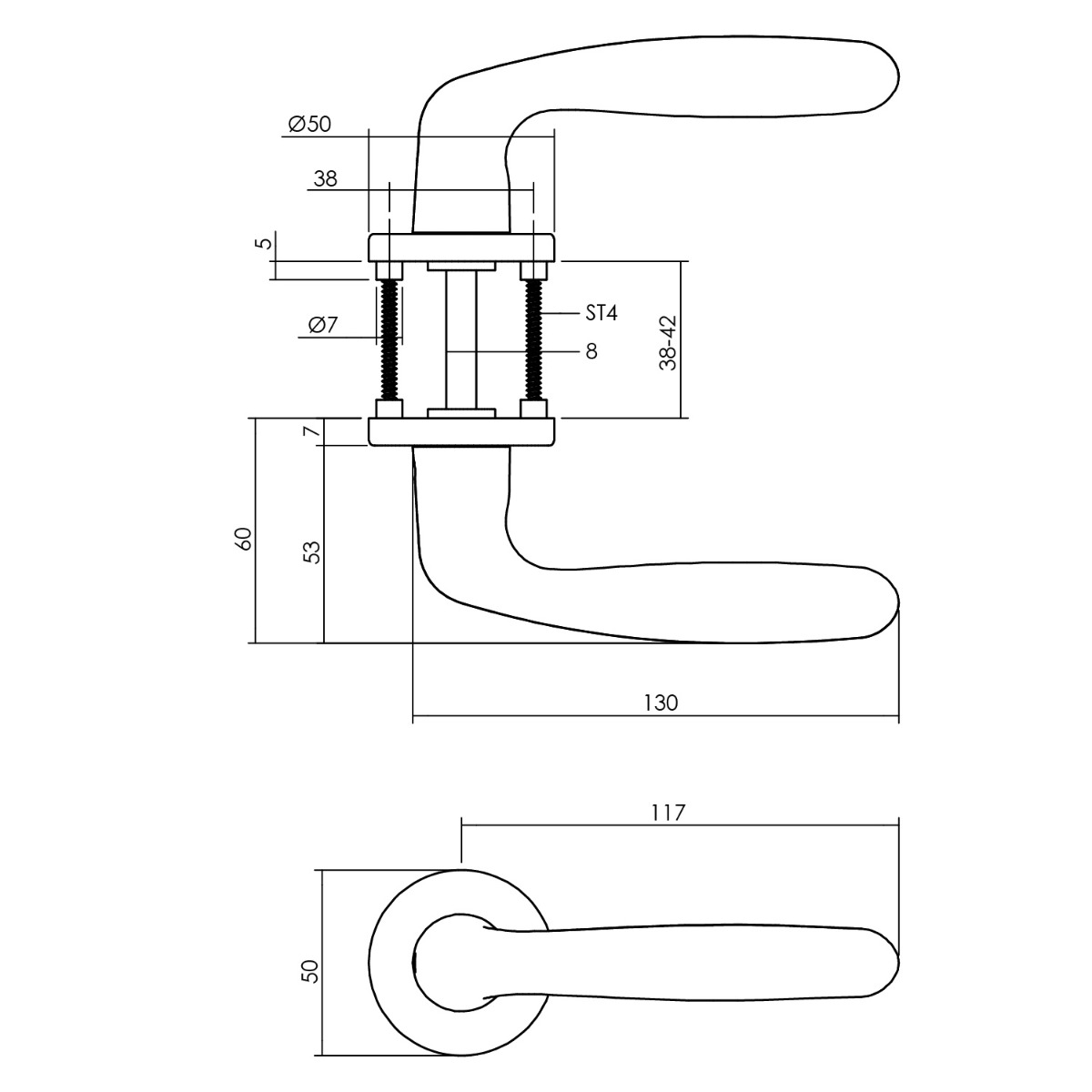 Tekening deurkruk Sigaar op rond rozet aluminium F1 - 0082.007202 - Deurbeslag-en-meer.nl