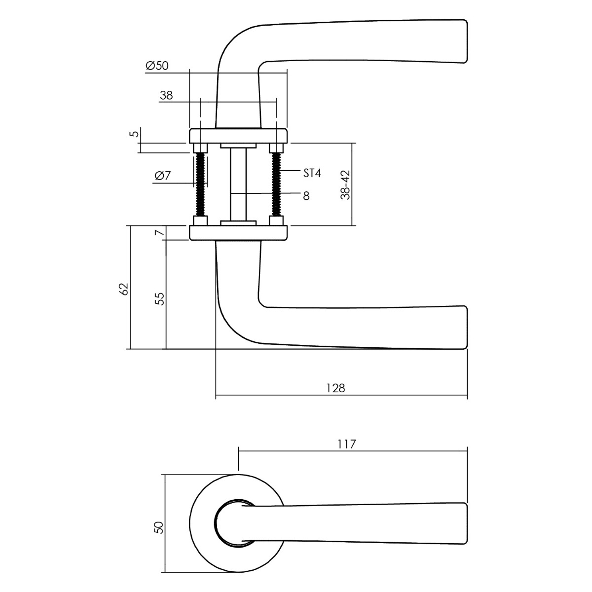 Tekening deurkruk Conisch op rond rozet aluminium F1 - 0082.007402 - Deurbeslag-en-meer.nl