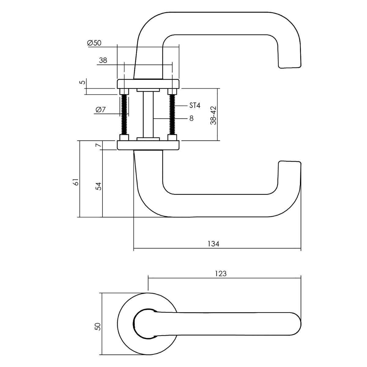 Tekening deurkruk U-model op rond rozet aluminium F1 - 0082.007702 - Deurbeslag-en-meer.nl