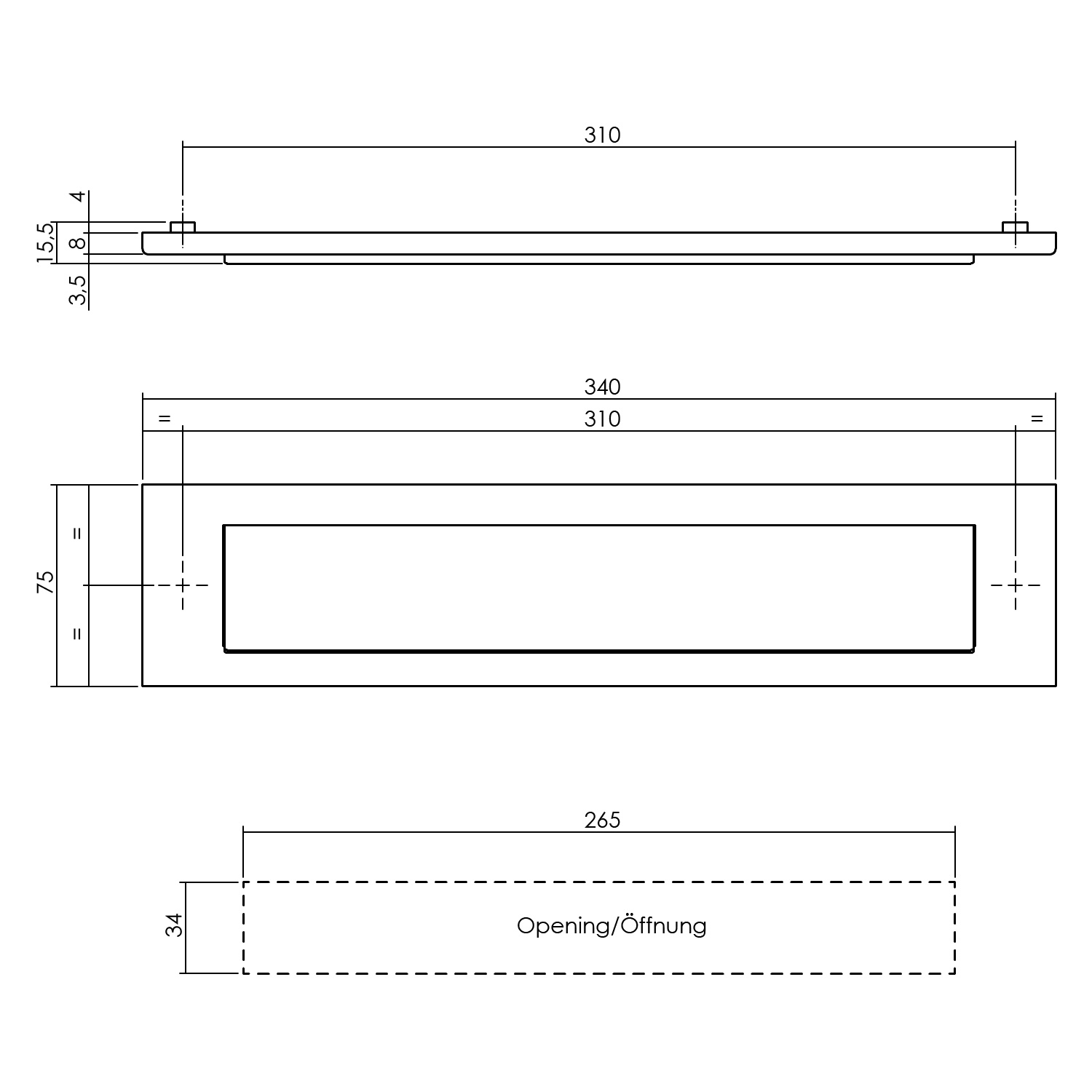 Tek. briefplaat rechthoekig met regenrand 340x75mm PVD messing getrommeld - Intersteel 0011.400002 - Deurbeslag-en-meer.nl