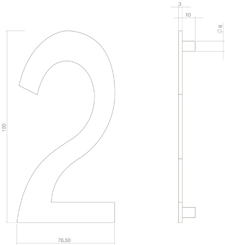 Tek. huisnummer 2 PVD messing getrommeld 150x3mm - Intersteel 0011.402042 - Deurbeslag-en-meer.nl