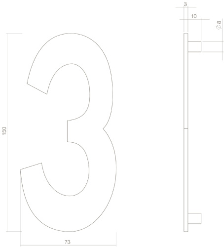 Tek. huisnummer 3 PVD messing getrommeld 150x3mm - Intersteel 0011.402043 - Deurbeslag-en-meer.nl